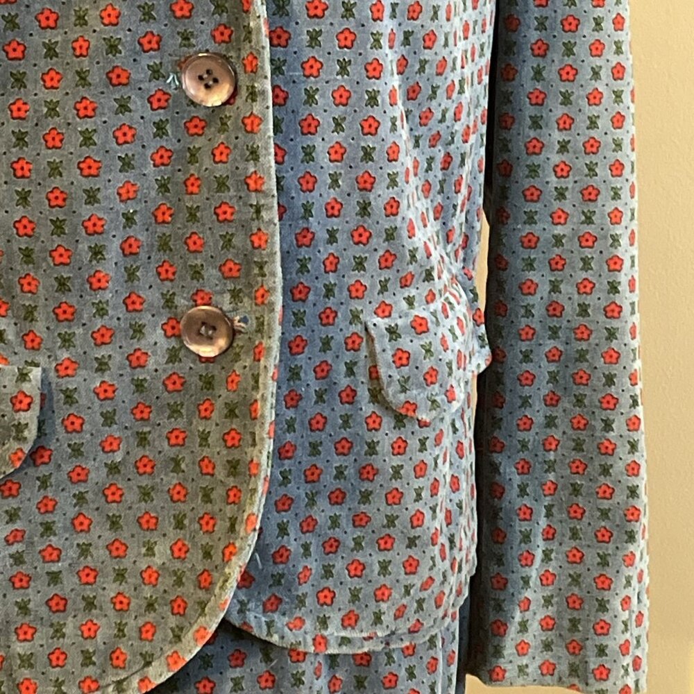 1970s 70's Ditsy Floral Velour 3 Button Jacket & Pencil Skirt Lined Set Sz S - Picture 3 of 11
